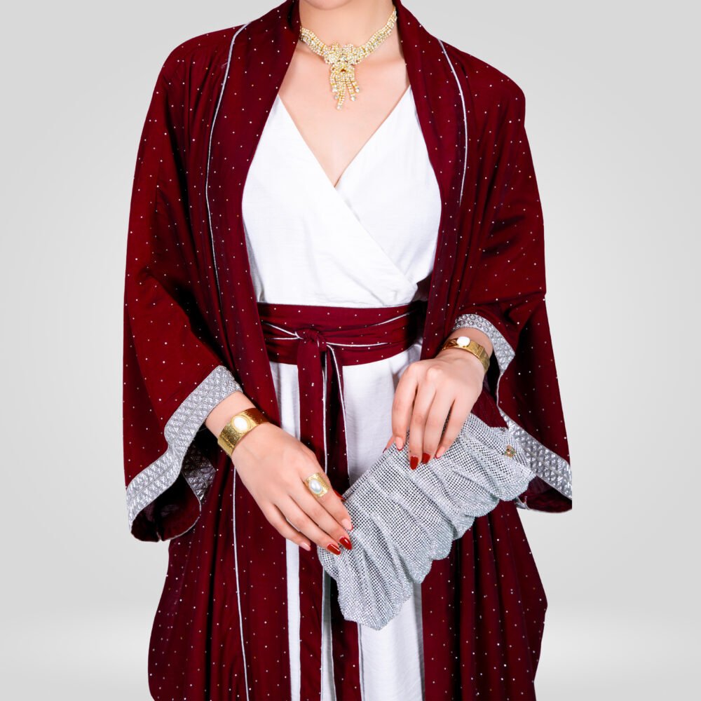 Abaya Sofia Perle en Chanton Pailleté Ensemble - Bordeaux