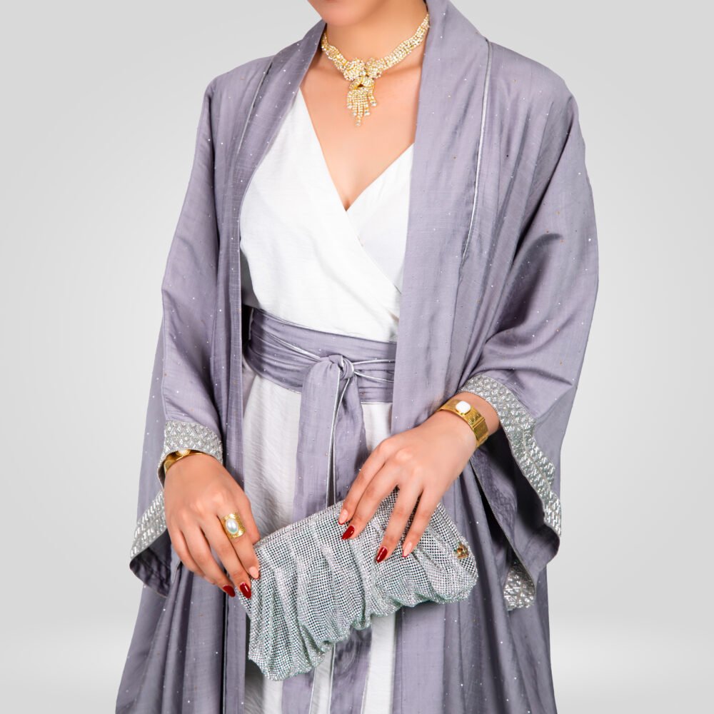 Abaya Sofia Perle en Chanton Pailleté Ensemble - Crépuscule