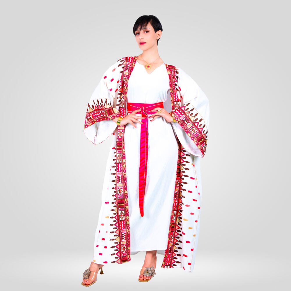 Abaya Nadia Brodée en Crêpe Ensemble - Rose