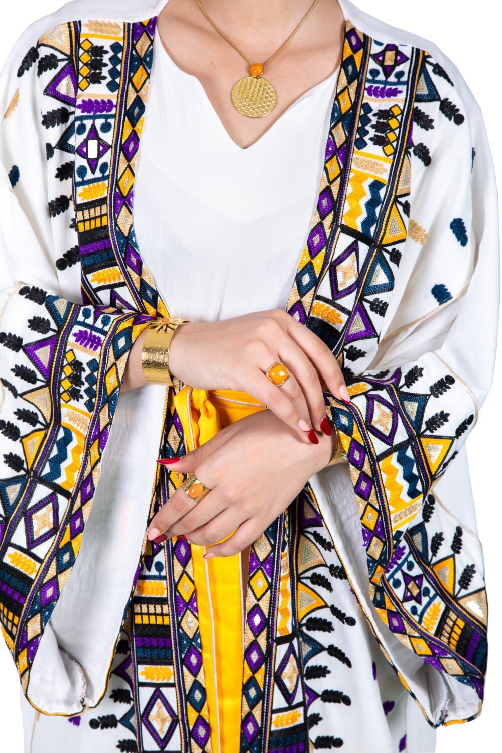 Abaya Nadia Brodée en Crêpe Ensemble - Jaune – Image 2