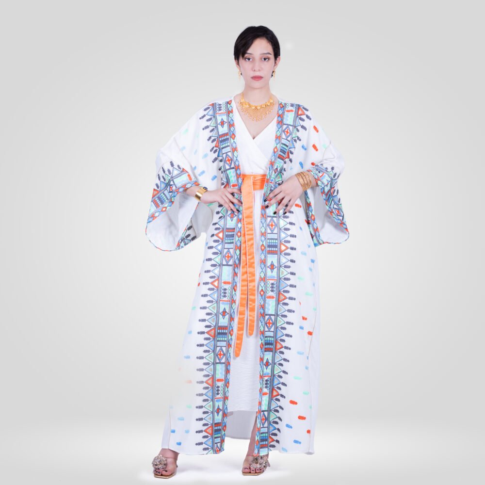 Abaya Nadia Brodée en Crêpe Ensemble - Orange écarlate