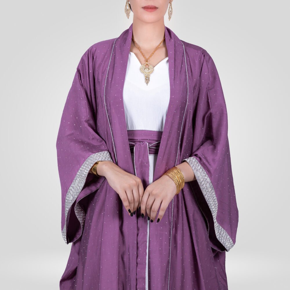 Abaya Sofia Perle en Chanton Pailleté Ensemble -  Lavande