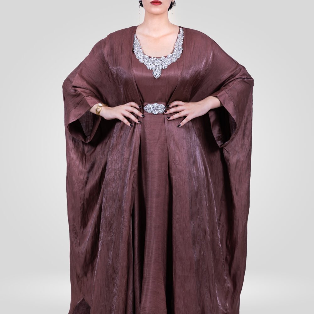 Abaya Noor Robe Chanton de Soie Ensemble – Chocolat – Image 3