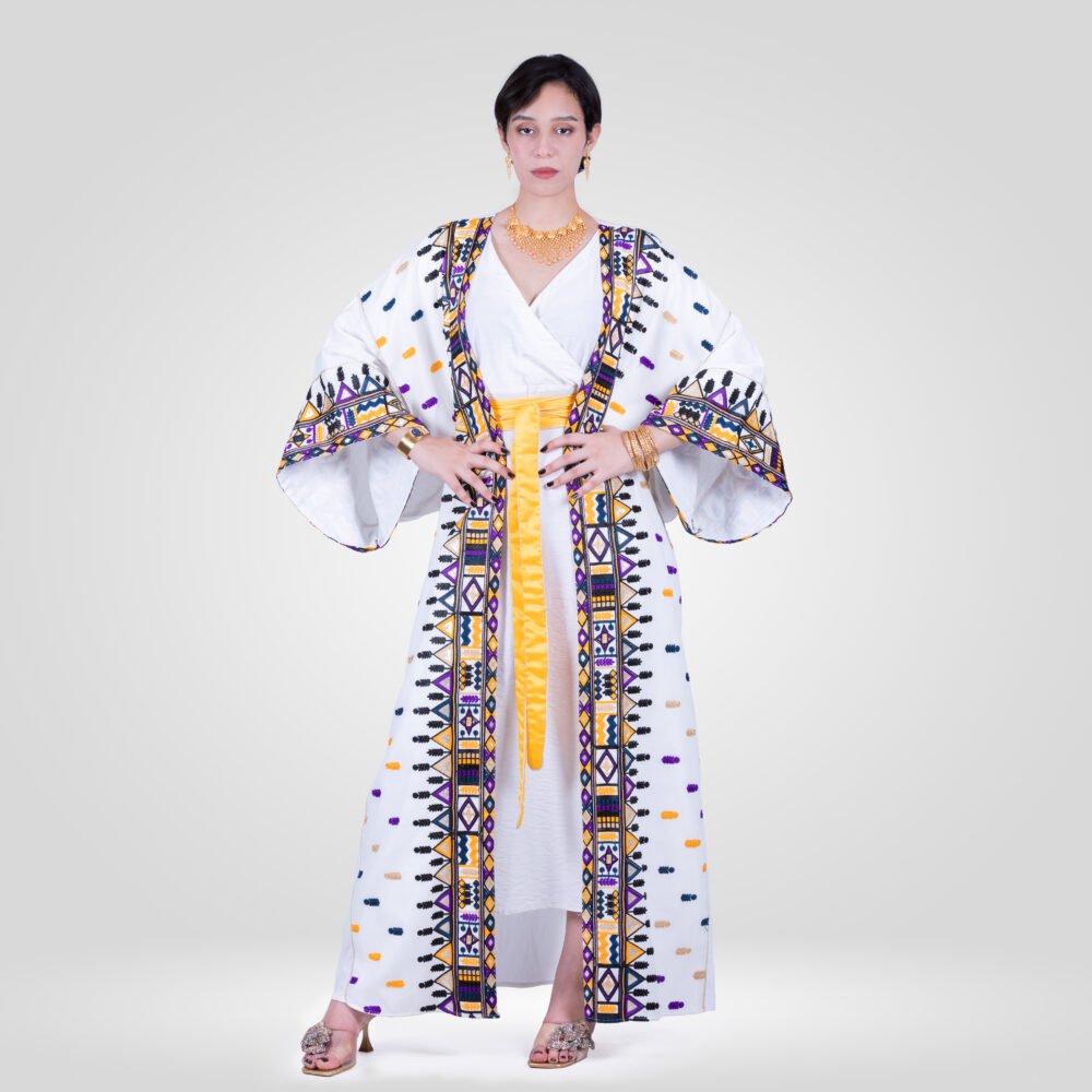 Abaya Nadia Brodée en Crêpe Ensemble - Jaune