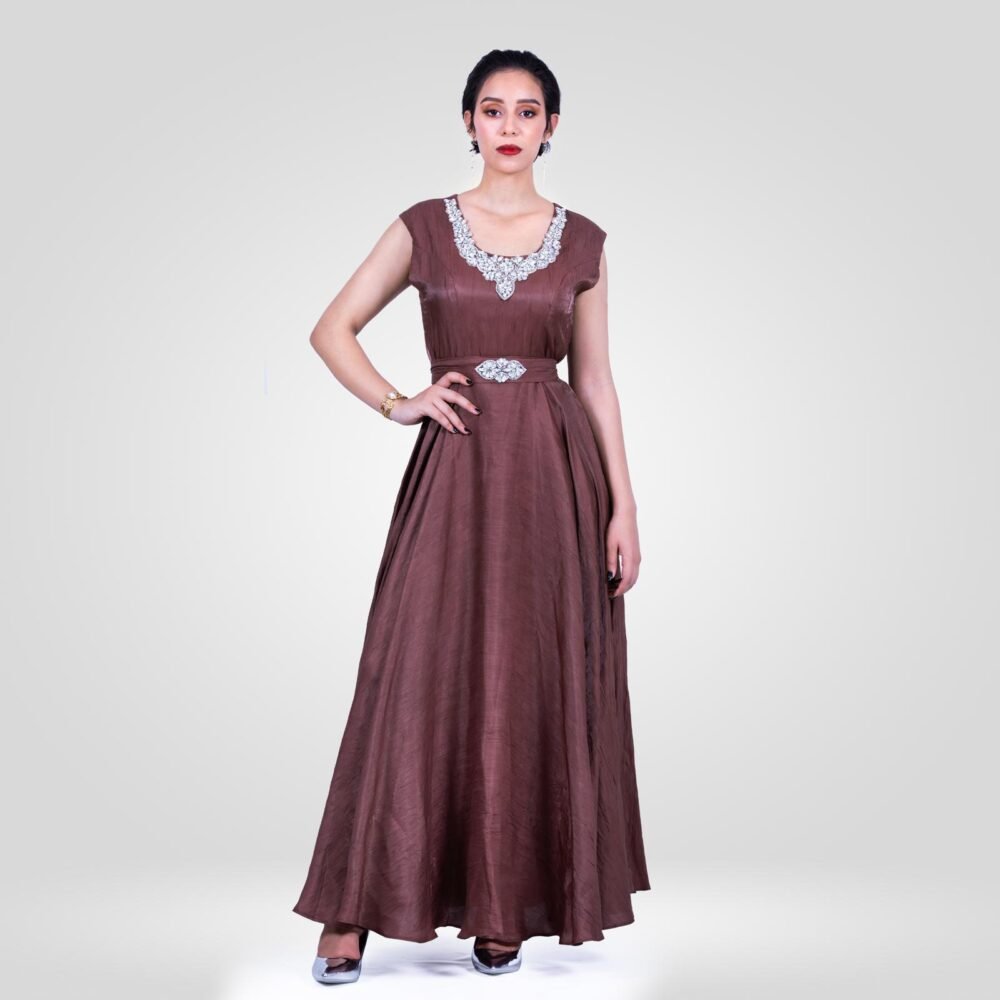 Abaya Noor Robe Chanton de Soie Ensemble – Chocolat – Image 2