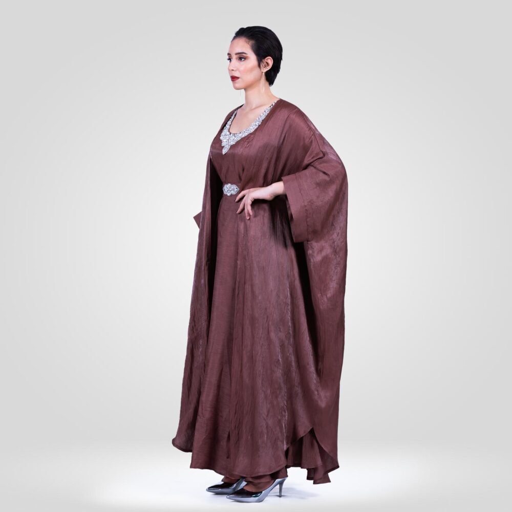 Abaya Noor Robe Chanton de Soie Ensemble – Chocolat – Image 4