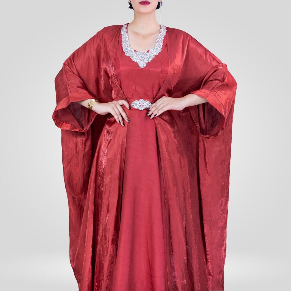 Abaya Noor Robe Chanton de Soie Ensemble – Rouge Grenadine – Image 3