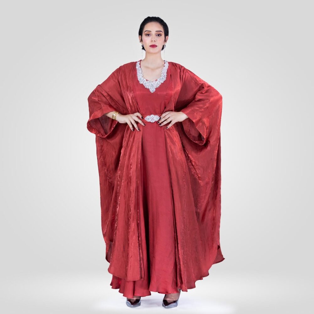Abaya Noor Robe Chanton de Soie Ensemble – Rouge Grenadine