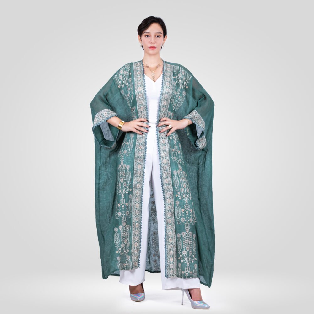 Kimono Anissa Lin Brodée - Vert Sarcelle